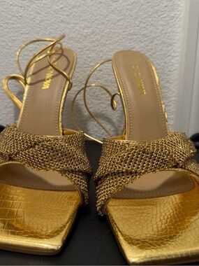 Fashion Nova Gold Metallic Wrap Strap Heeled Sandals